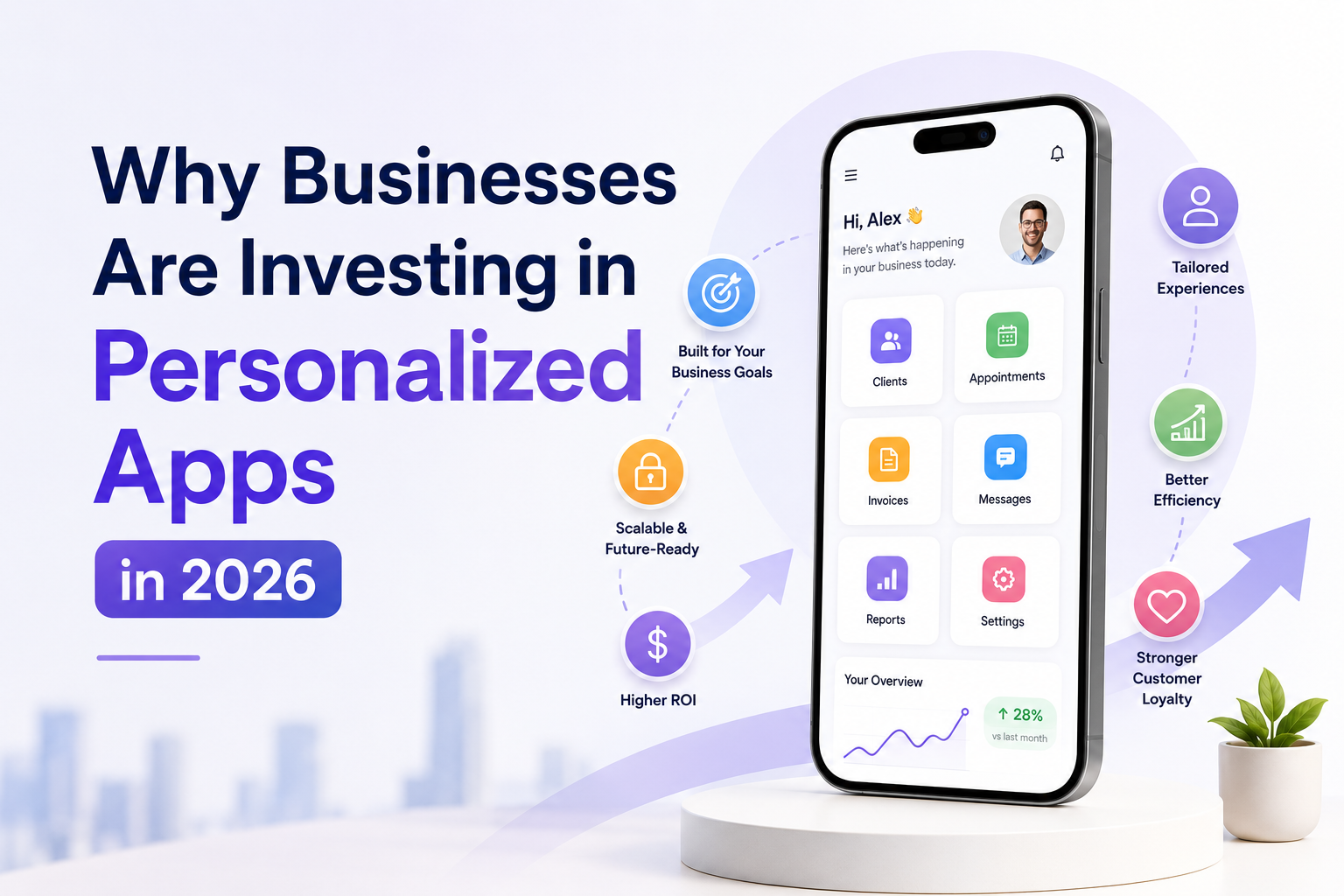 Business professionals analyzing AI-powered personalized mobile app dashboards and customer data insights, illustrating why businesses are investing in personalized apps in 2026.