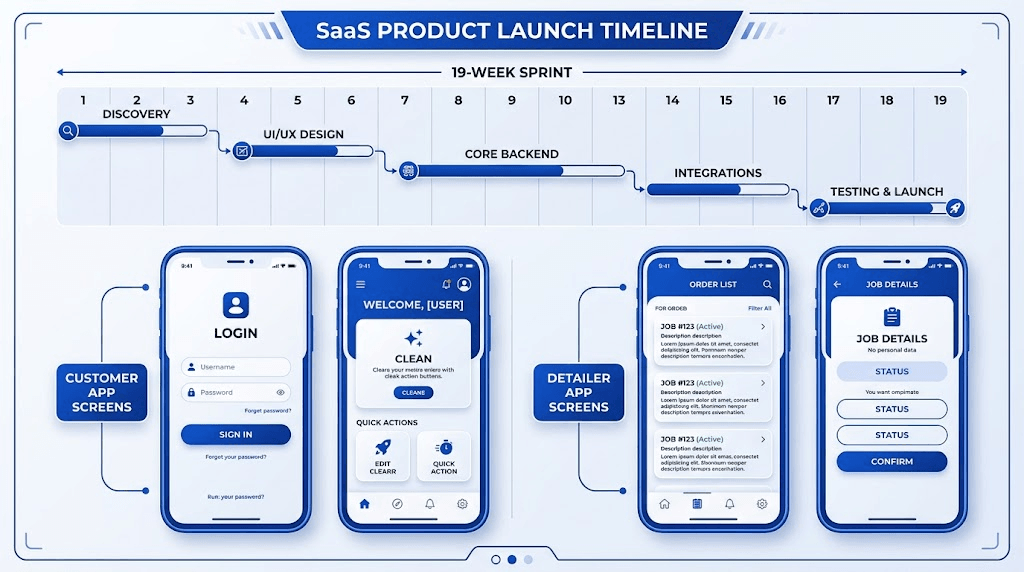 Software development sprint timeline chart and mobile app screens showing a 19-week SaaS product development lifecycle.